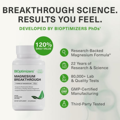 BIOptimizers Magnesium Breakthrough 500mg, 7 Forms of Magnesium 90 Capsules Glycinate, Malate, Citrate & More for Restful Sleep, Stress Resilience & Muscle Recovery